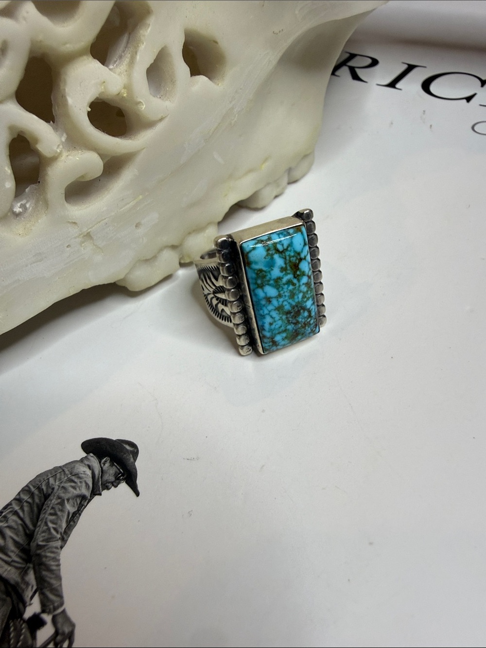 Sterling Silver Turquoise Web Kingman Sz 9.5 Stamped by Samuel Yellowhair Navajo